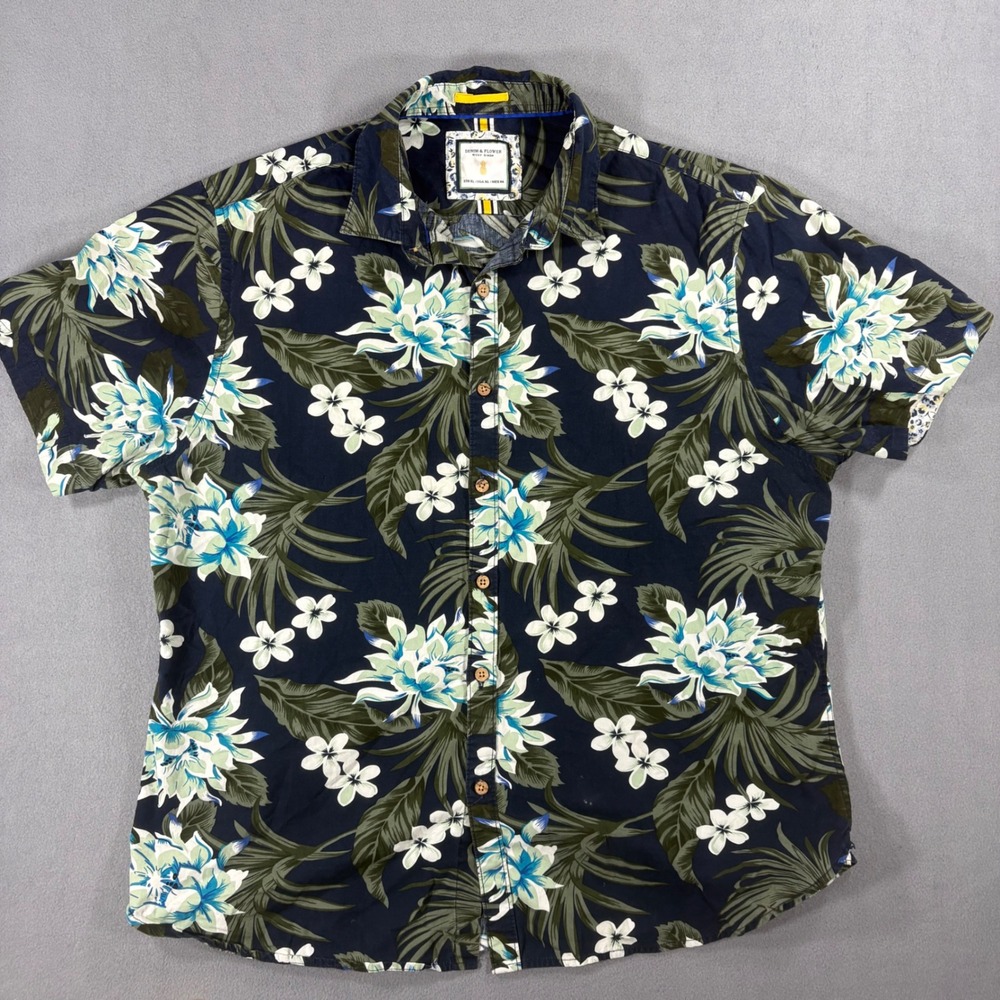 Denim & Flower Button Down Mens XL Navy Blue Excellent Tropical Floral Hibiscus